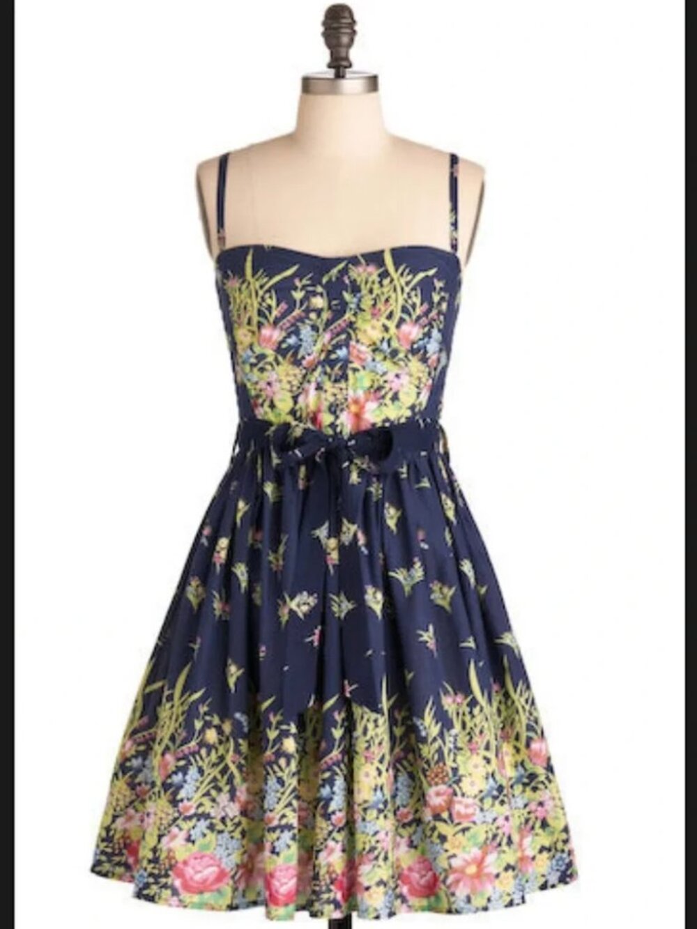 Angie Navy Blue Botanical Floral Sundress Smocked Bodice Tie Sash Belt Size L